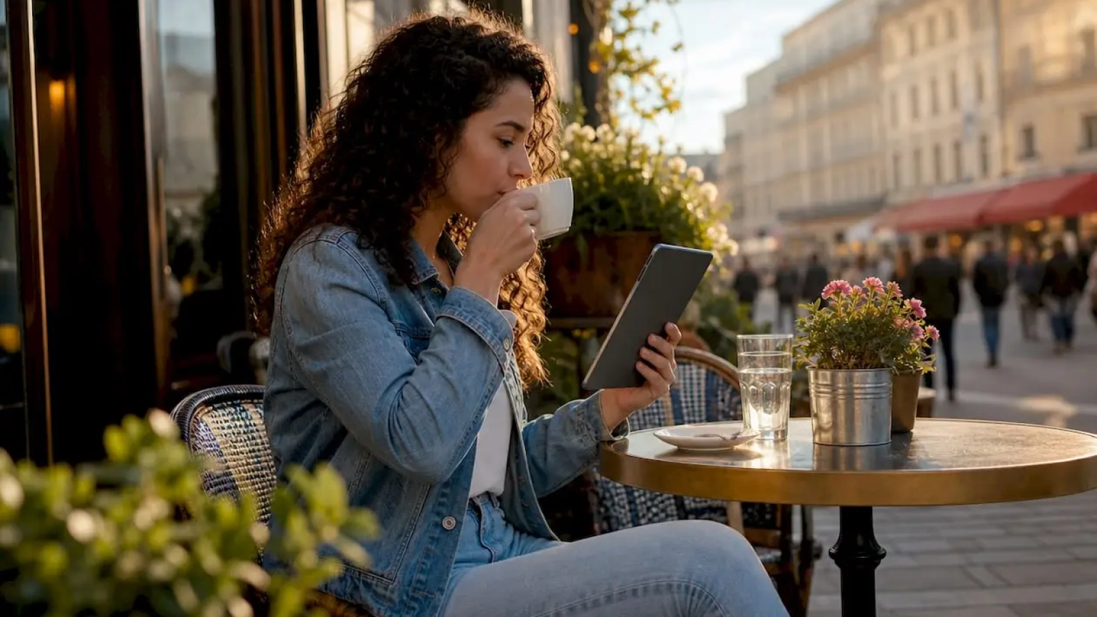 Woman reading restaurant reviews on smartphone at café