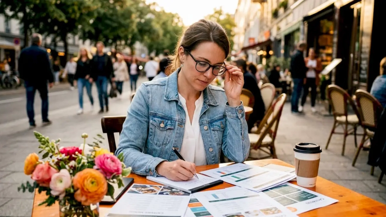 Woman planning catering packages at café table