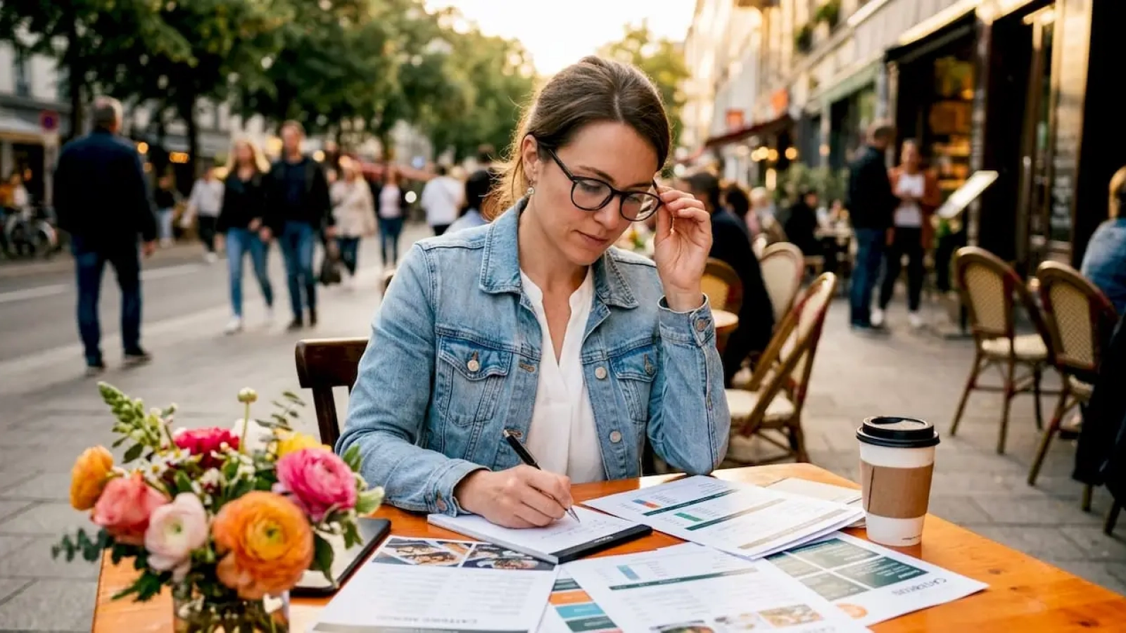 Woman planning catering packages at café table