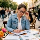 Woman planning catering packages at café table