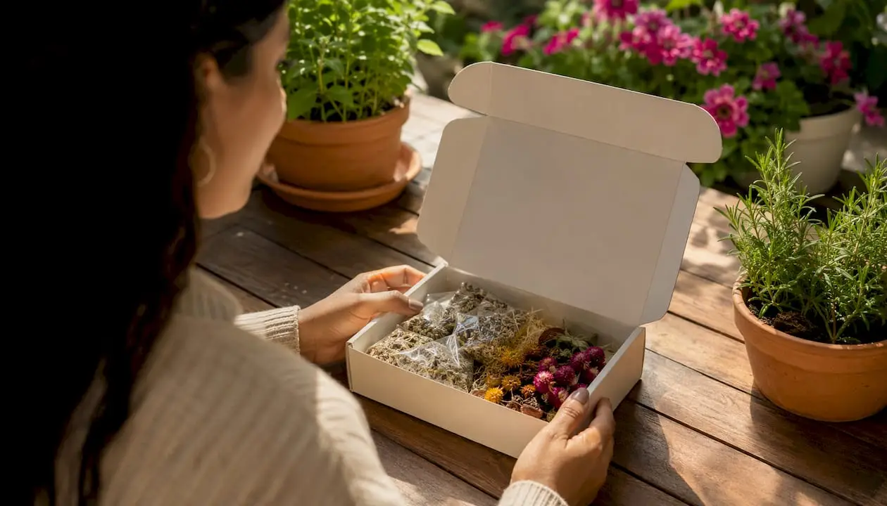 Hands holding natural product packaging in kitchen
