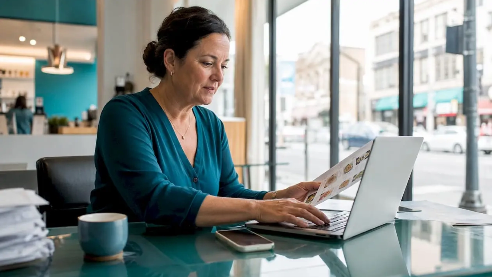 Restaurant owner typing catering inquiry response