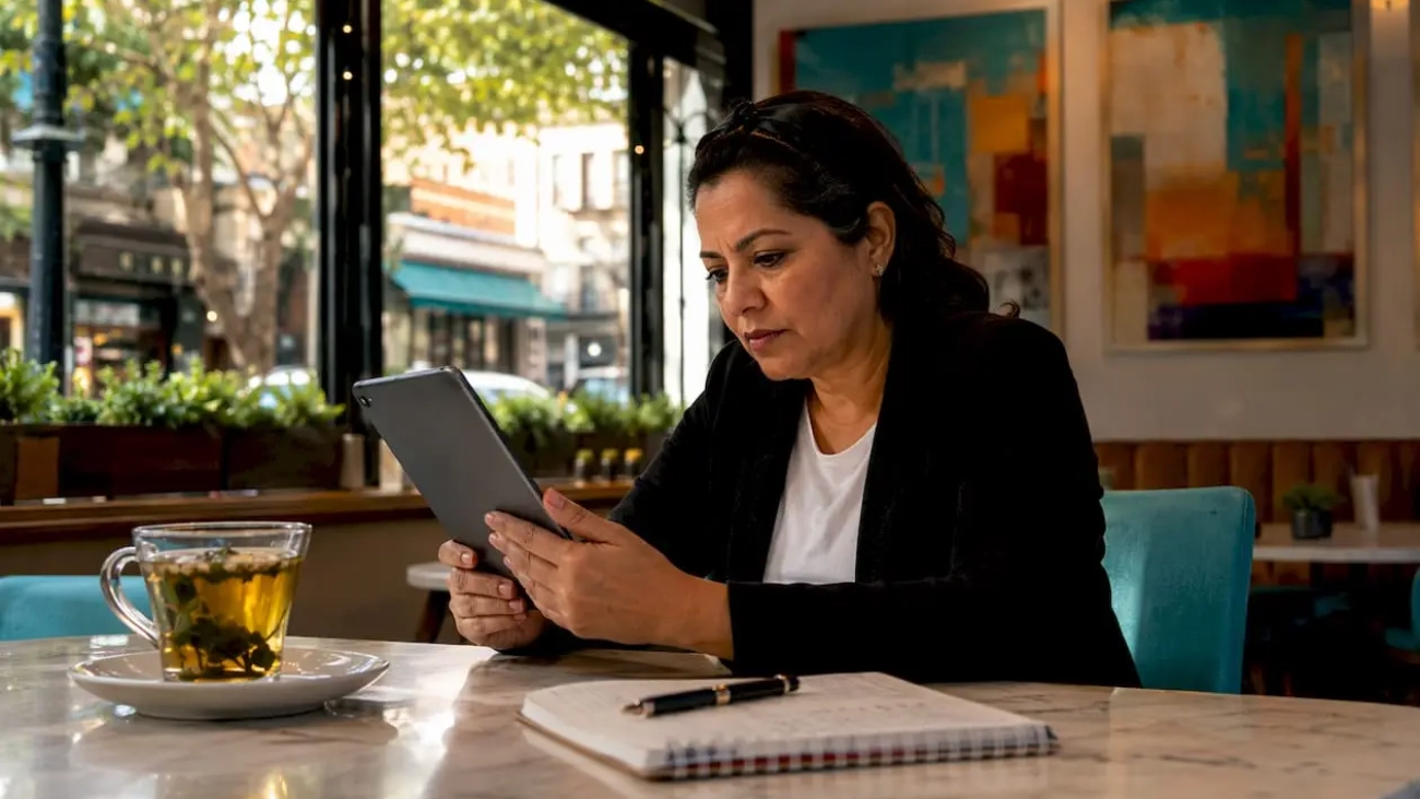 Restaurant owner checking online reviews on tablet