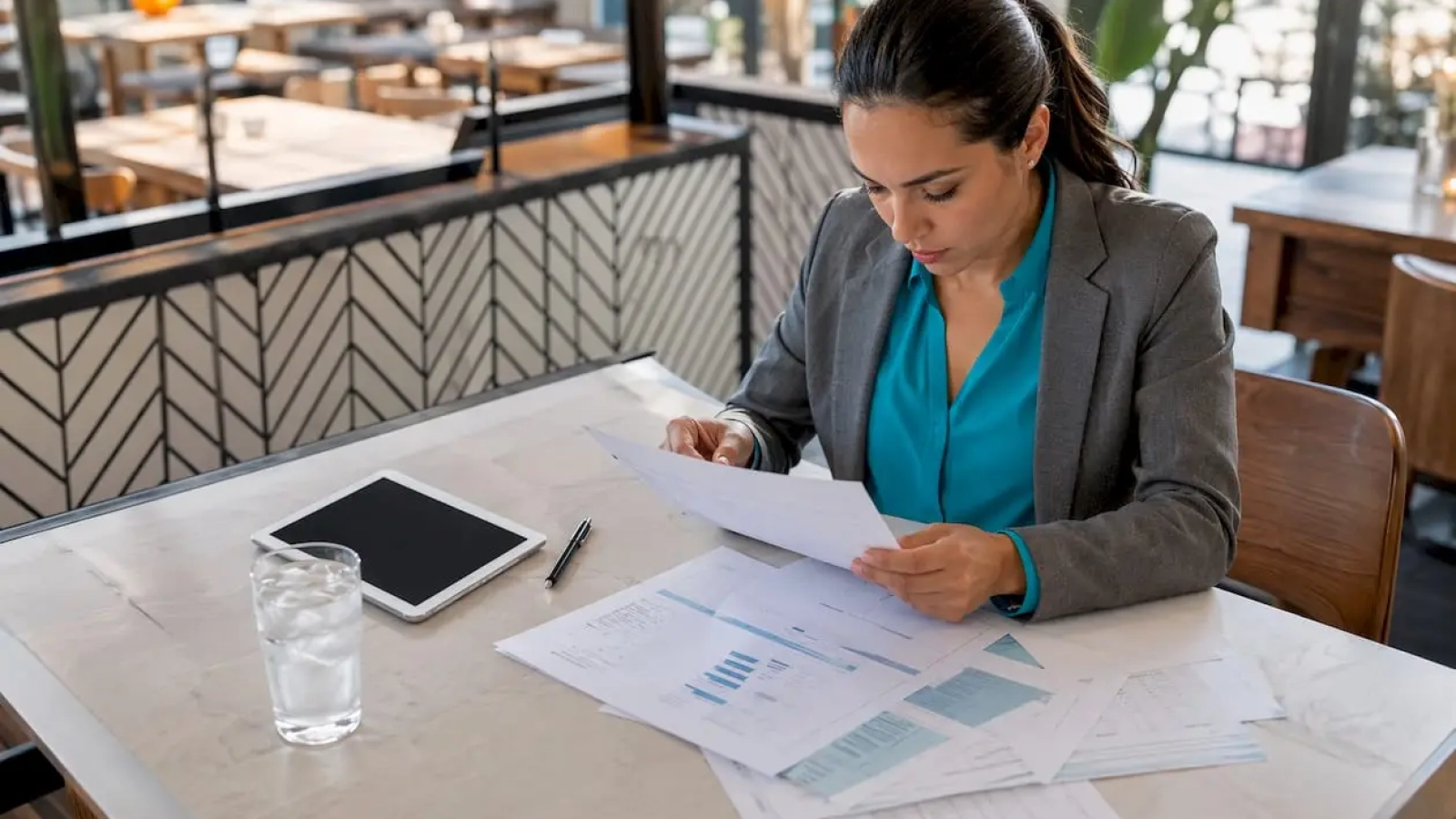 Restaurant manager reviewing sales reports
