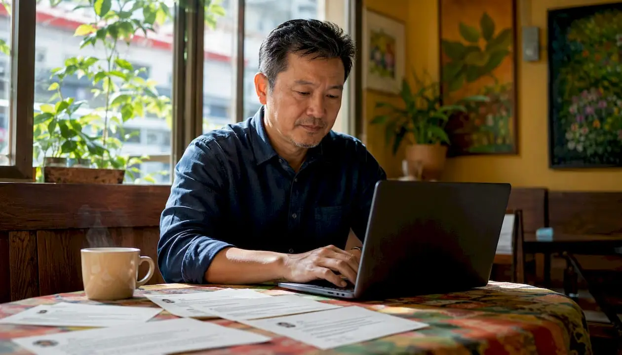 Restaurant owner responding to reviews on laptop