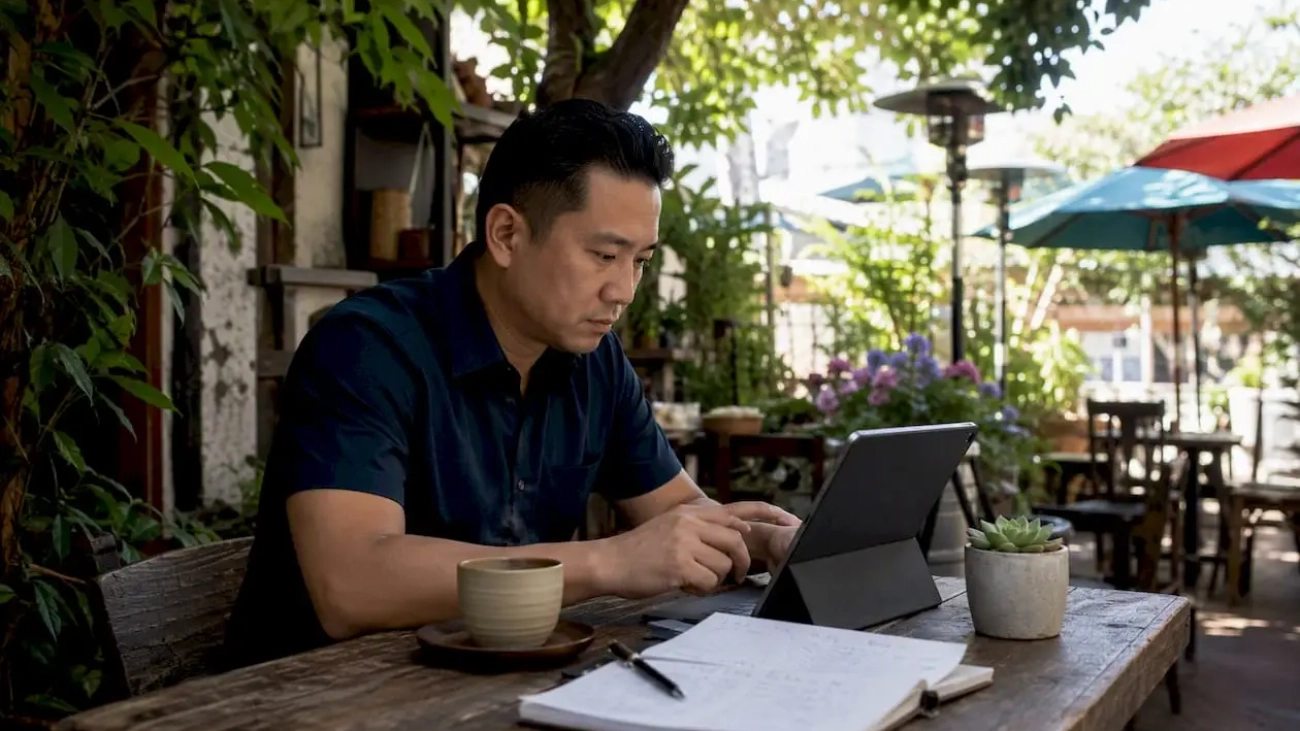 Restaurant owner reviewing marketing analytics on tablet