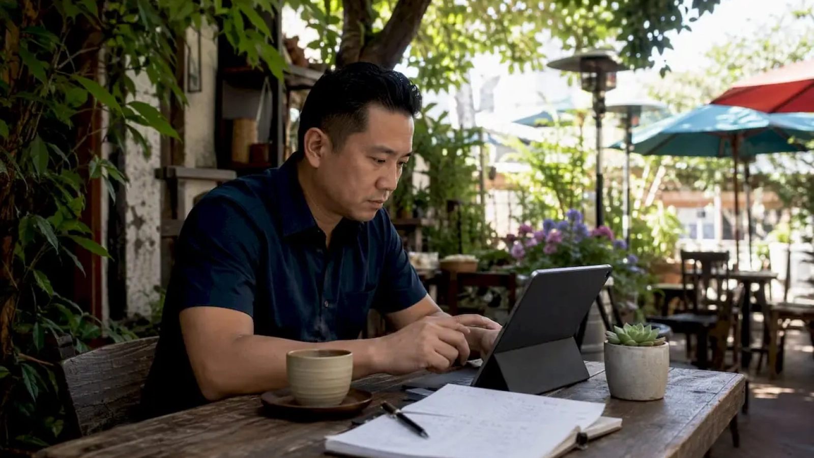 Restaurant owner reviewing marketing analytics on tablet