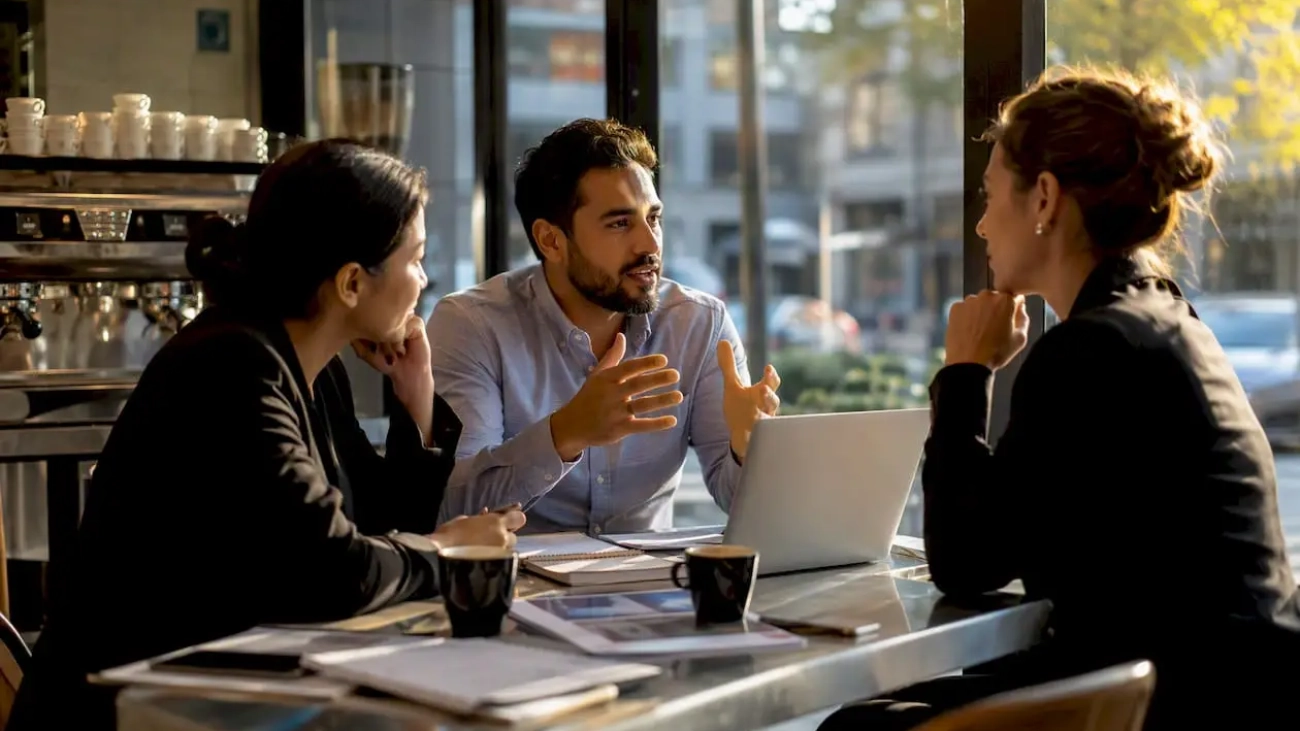 Restaurant managers discussing marketing campaign
