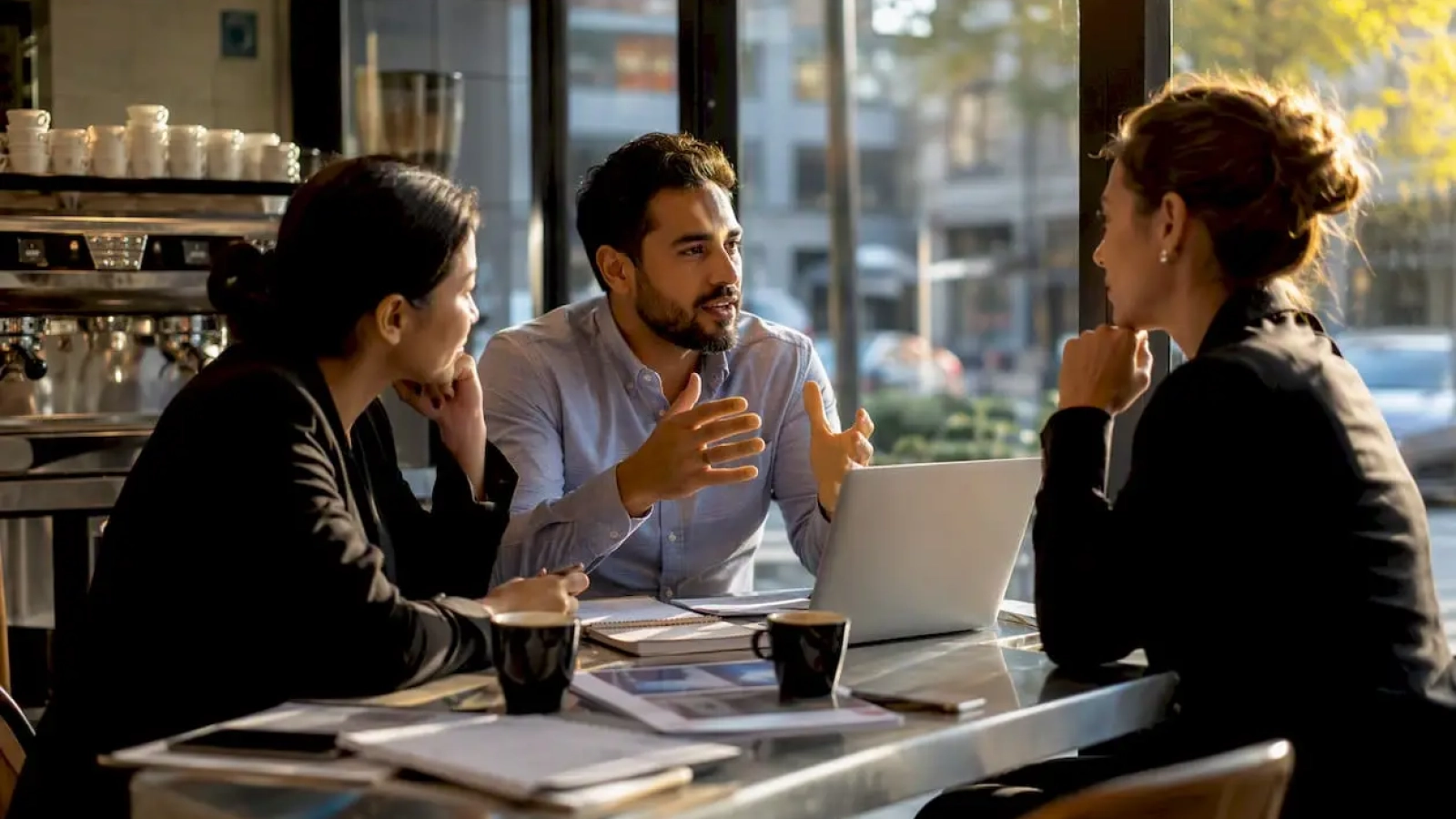 Restaurant managers discussing marketing campaign