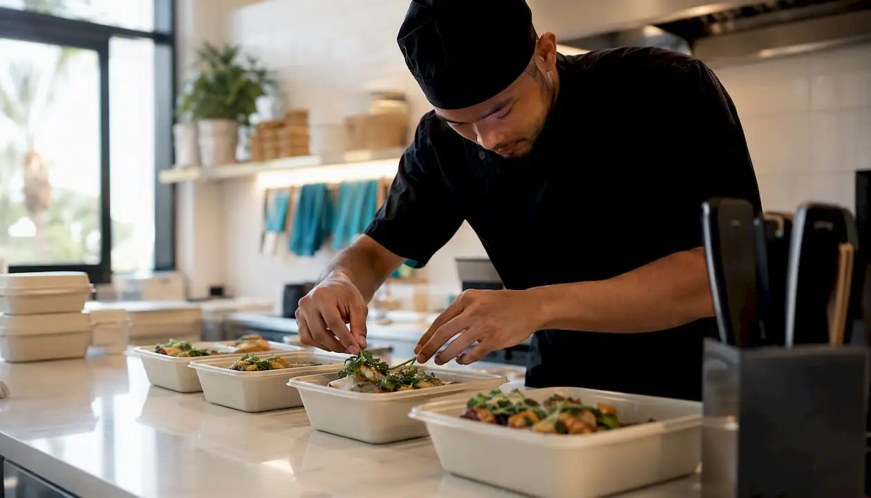 Chef packing restaurant delivery orders