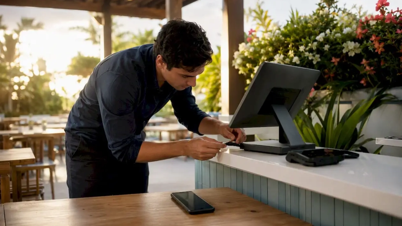 Person wiring restaurant POS device