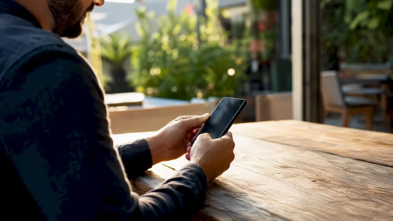 Hands holding smartphone in restaurant office