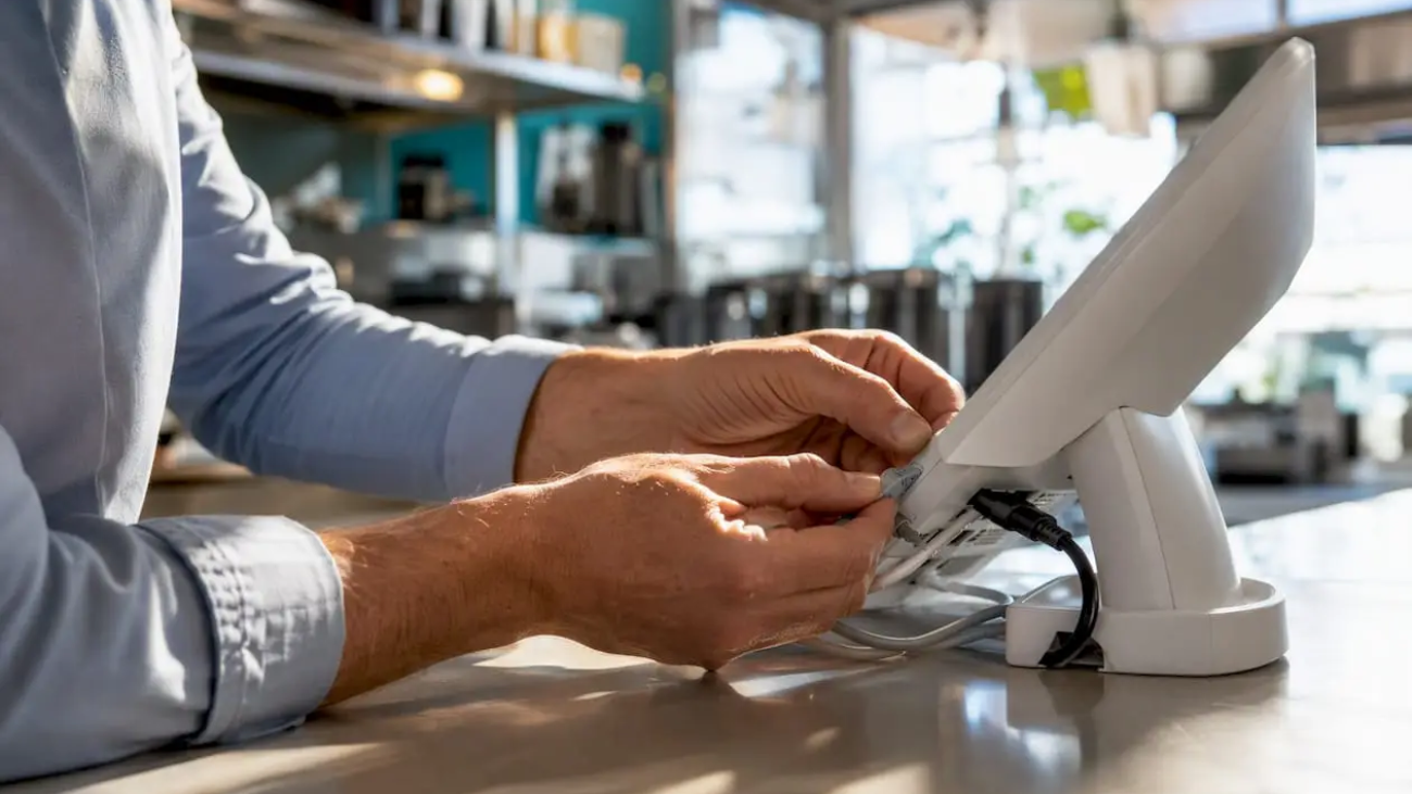 Hands connecting network cables at restaurant POS