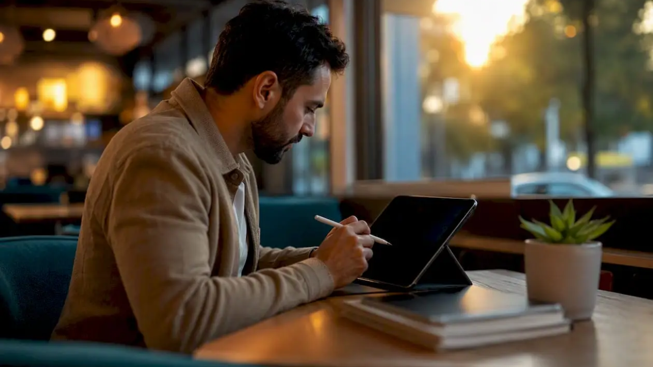 Hands interacting with tablet in restaurant office