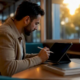Hands interacting with tablet in restaurant office