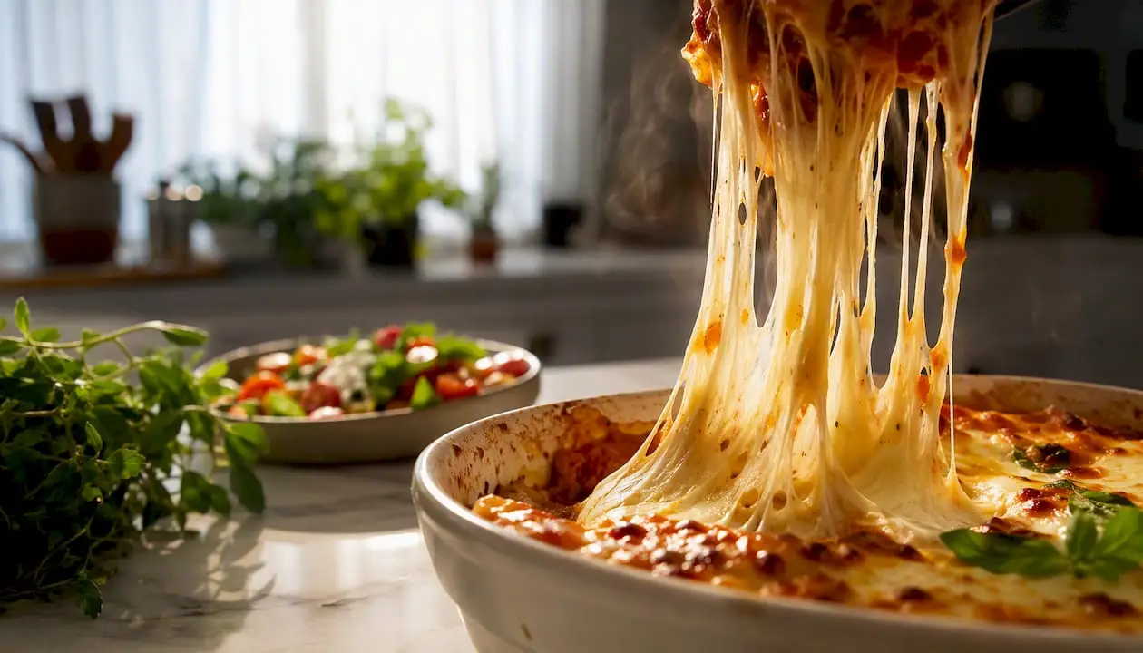 Close up of cheese pull on baked dish