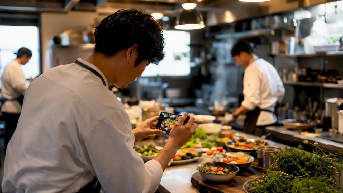 Chef filming sizzling food in kitchen