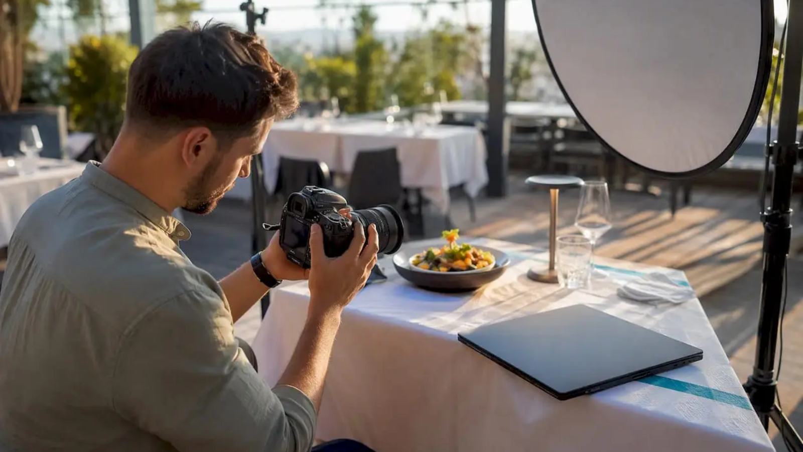 Photographer setting up camera for restaurant shoot