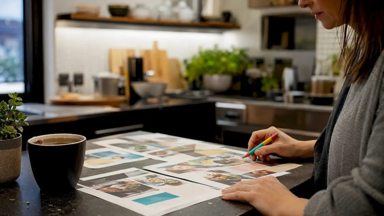 Hands holding pen above restaurant ad copy templates on table