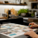 Hands holding pen above restaurant ad copy templates on table