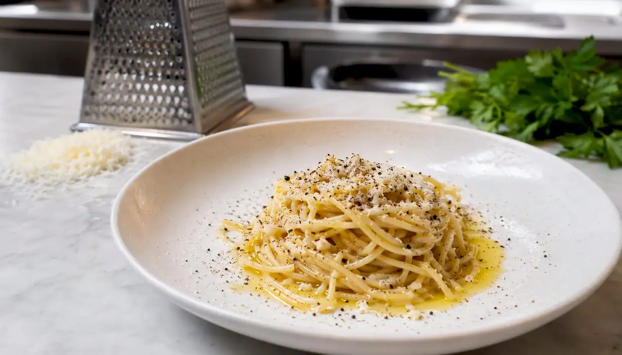 Close-up of hand-rolled cacio e pepe pasta dish