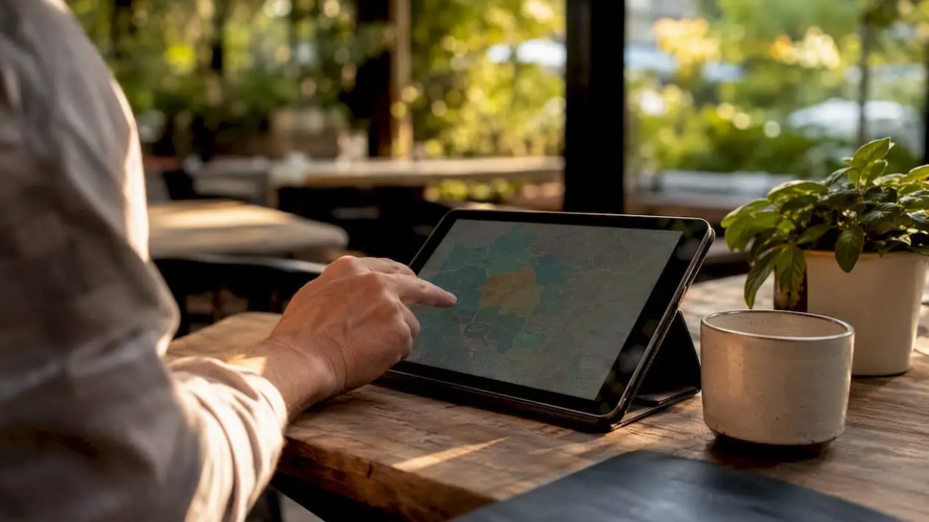 Hand pointing to ZIP codes on restaurant neighborhood map