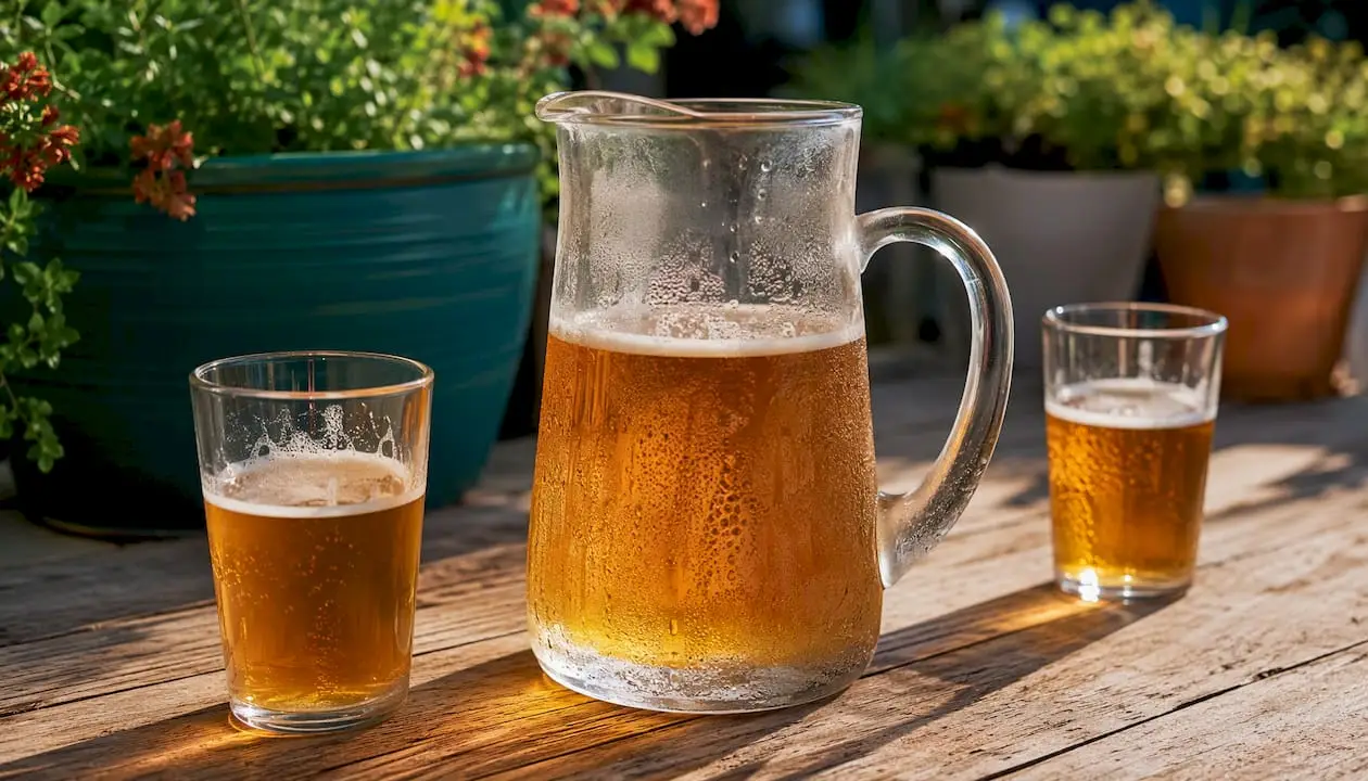 Pitcher of beer with empty glasses
