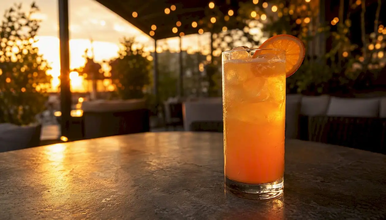 Cocktail on outdoor patio at sunset
