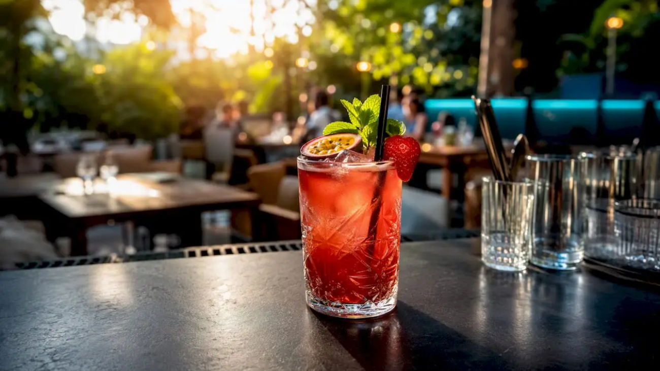 Pitcher of cocktail with glasses on bar