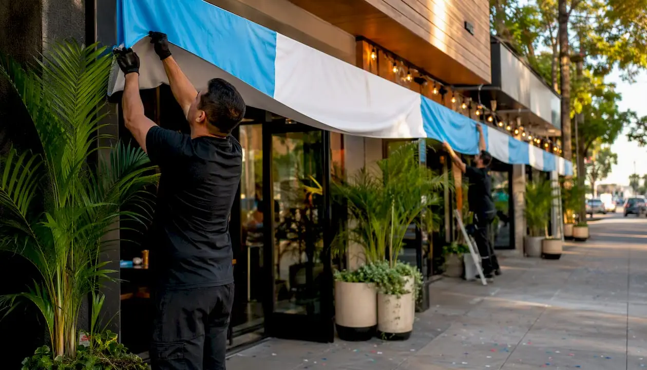 Hands decorating restaurant storefront for opening
