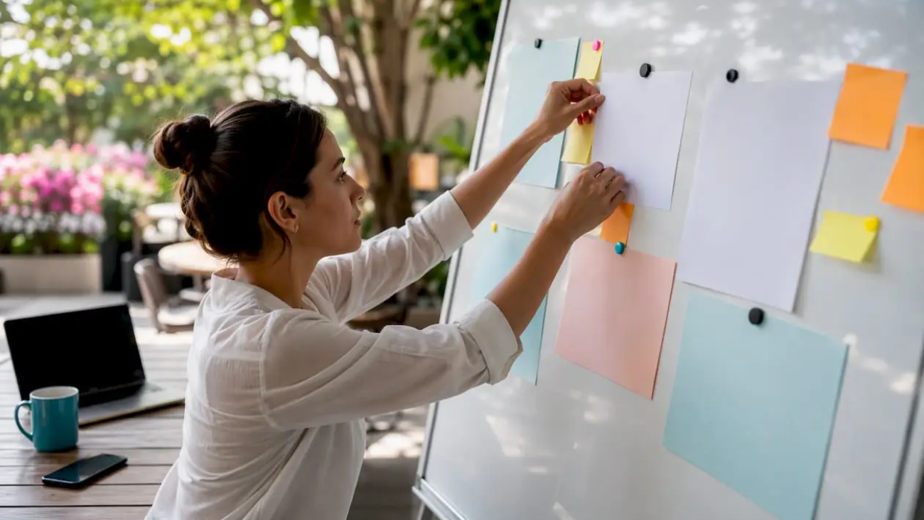 Hands arranging marketing budget sheets on whiteboard
