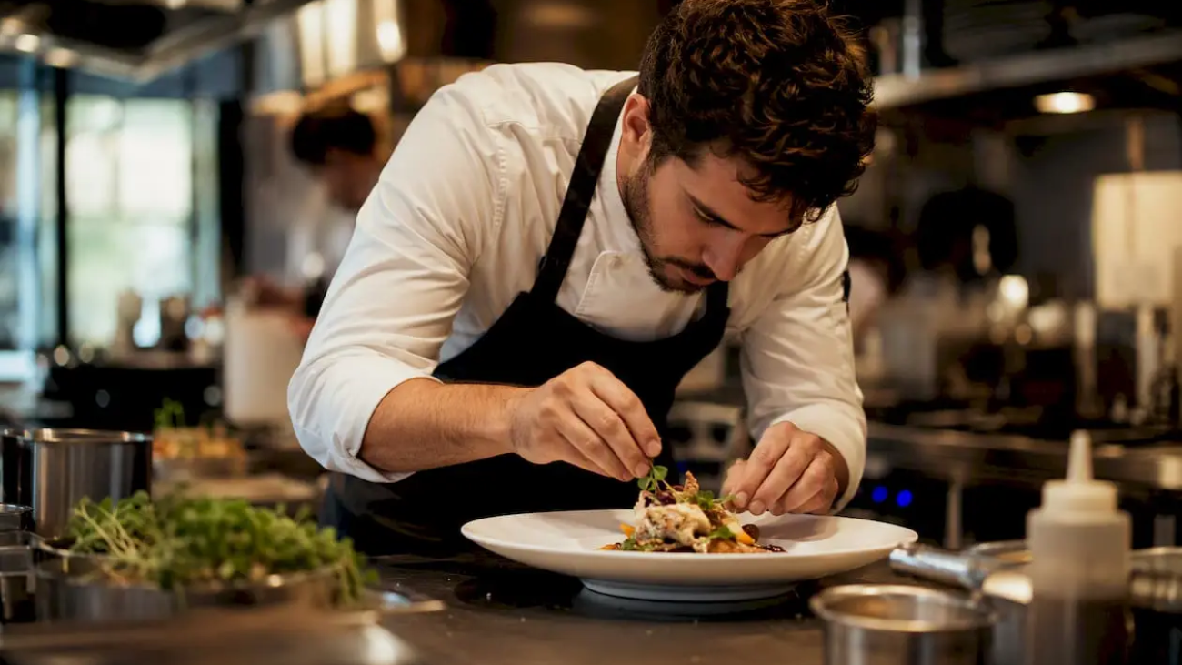 Chef plating new menu dish in restaurant kitchen