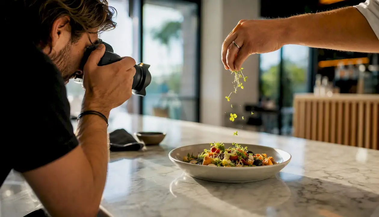 Food photographer shooting garnished dish