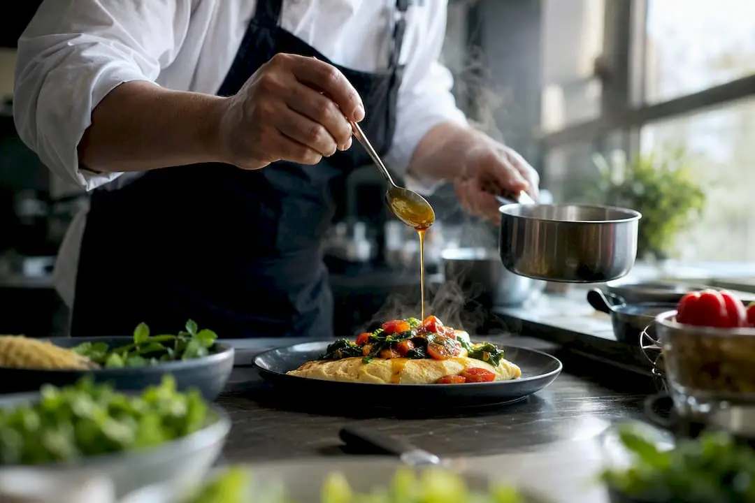 Chef plating breakfast dish in kitchen