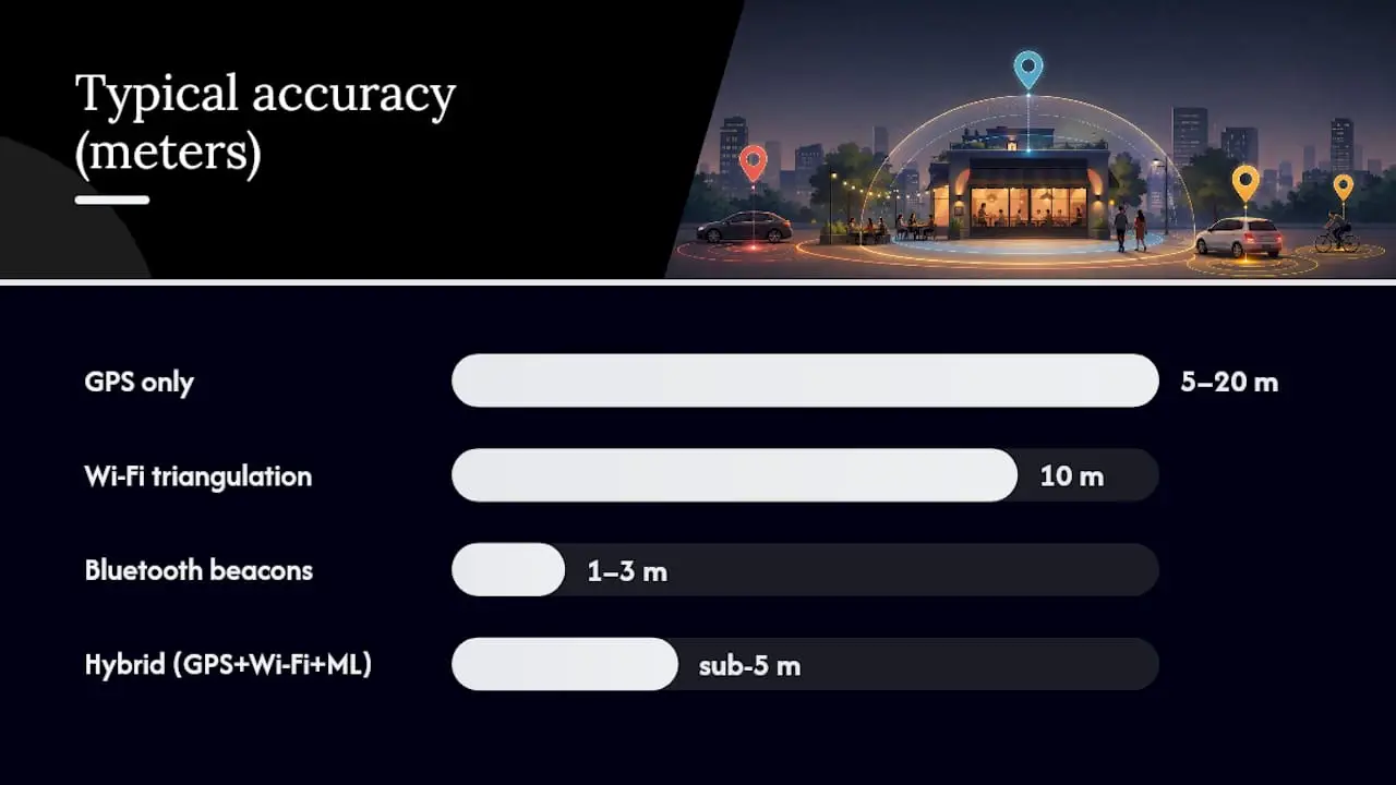 Diagram comparing geofencing signal accuracy and use cases